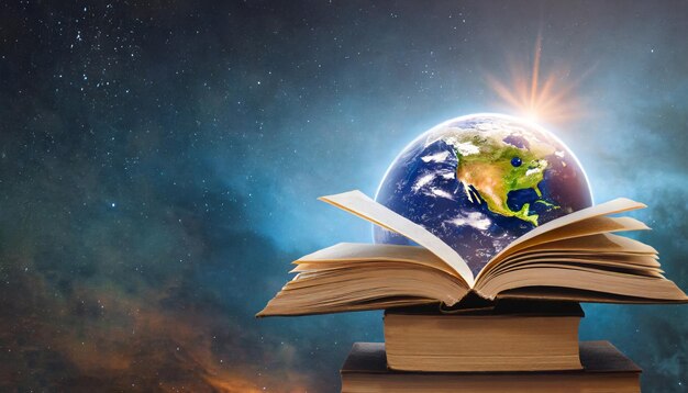 Pages Unveiling the World World Book Day gesymboliseerd door een open boek en wereldwijde beelden