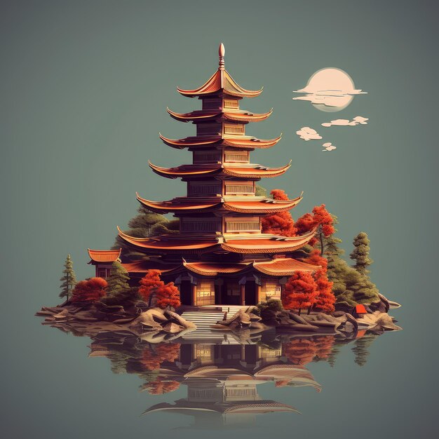 Pagoda d cartoon illustration generative ai