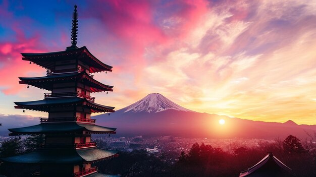 日本のパゴダと富士山の夕暮れ ジェネレーティブ・アイ