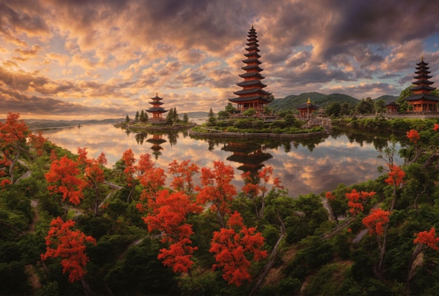 Pagoda in Indonesia with flowers in the foreground at sunset