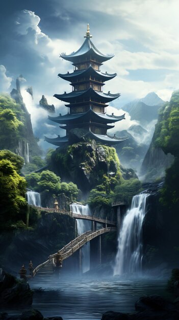 A pagoda is in the middle of a waterfall