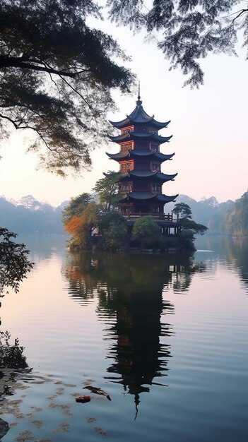 Photo a pagoda on the lake in the middle of the lake