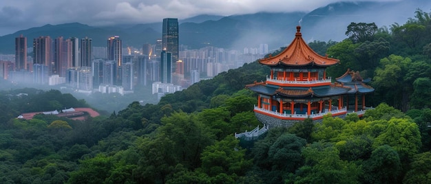 a pagoda in the middle of a forest with a city in the background