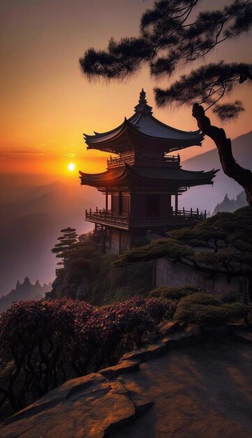 A pagoda on a mountain at sunset