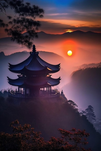 A pagoda on a mountain with the sun setting behind it