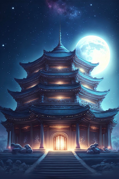 Pagoda at night with a full moon in the sky generative ai