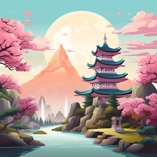 Pagoda Peace Serene Mountain Landscape Wallpaper