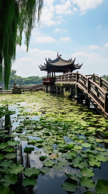 a pagoda in a pond with a pagoda in the background