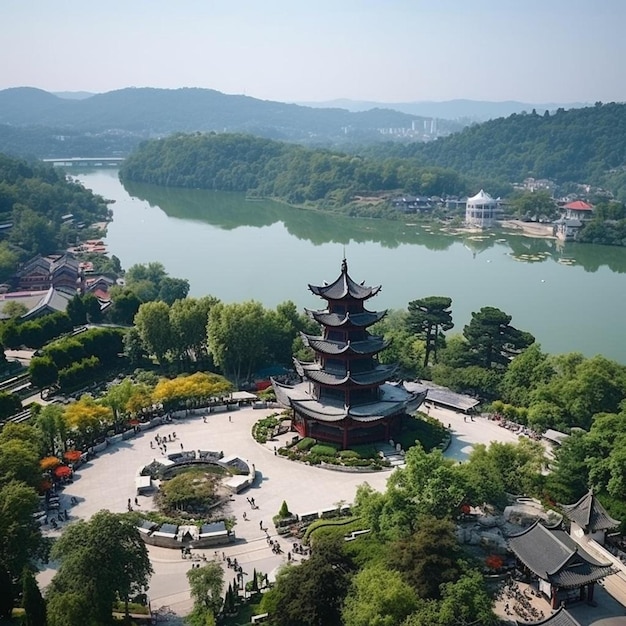 a pagoda sits on a small island with a lake in the background