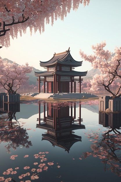 Pagoda sitting on top of a lake surrounded by trees generative ai