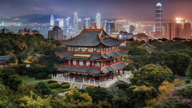 Pagoda style chinese architecture in garden in hong kong