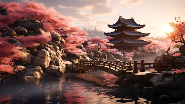 Pagoda with cherry blossoms in background