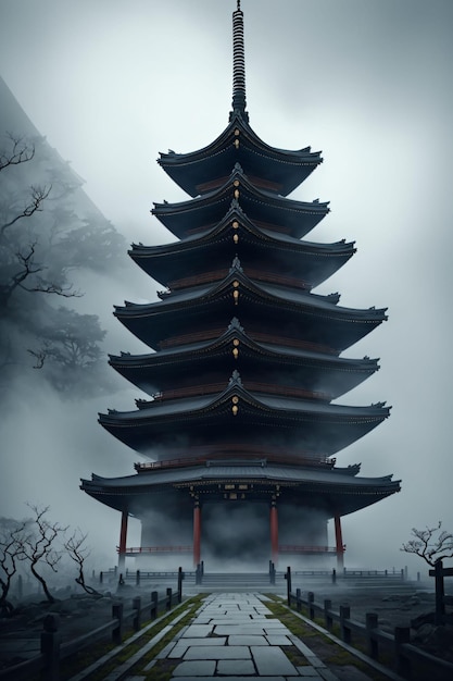 Pagoda with dense fog around