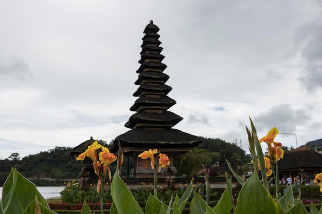 a pagoda with a pagoda in the background and flowers in front of it
