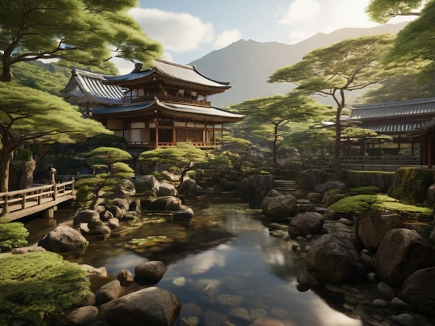 a pagoda with a pond in the background and a small building in the middle