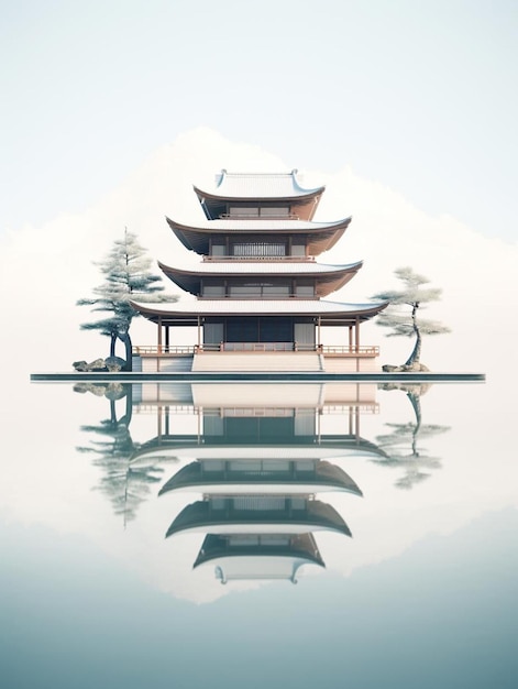 a pagoda with a reflection of a mountain in the background.