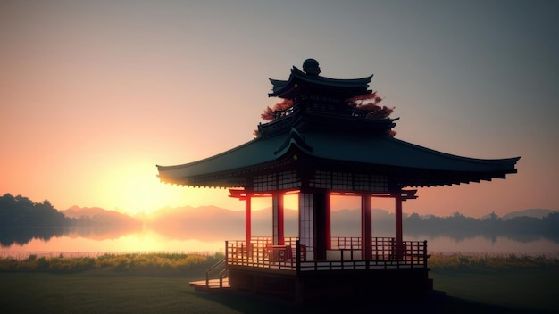 A pagoda with a sunset in the background