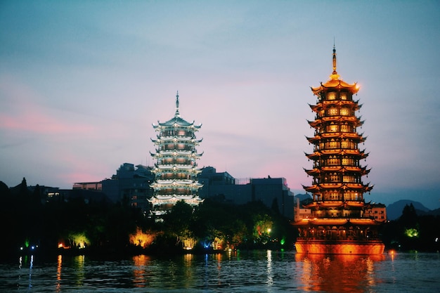 河邊的寺在城市的天空在黃昏