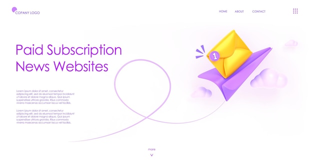 Paid subscription news websites banner 3d render landing page\
with isometric paper plane mail envelope and notification icon\
subscribe to newsletter email messages service 3d illustration