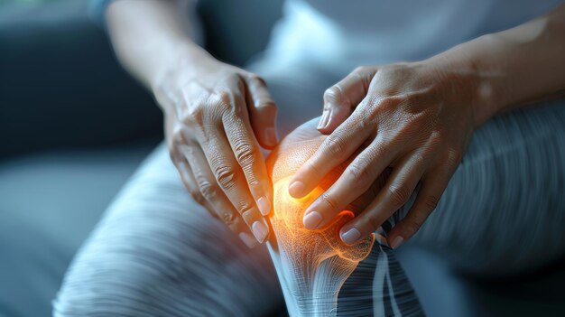Фото Болезненные суставы, артрит и проблемы с сухожилиями одинокий мужчина касается своей ноги в районе боли