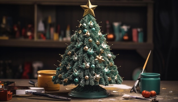 Paint a beautifully decorated Christmas tree with ornaments lights and a star or angel topper