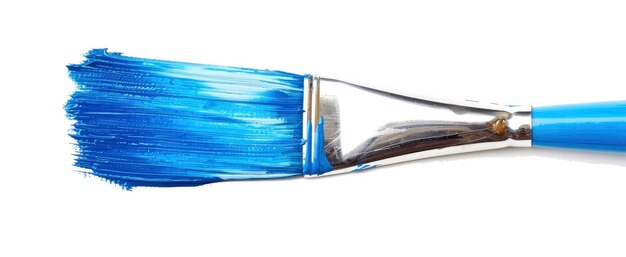 Paint brush with blue handle and brush stroke on white background