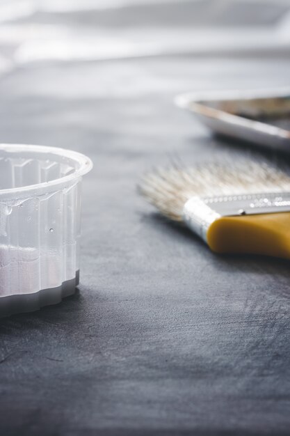 Paint brushes on a gray table. Materials to paint.