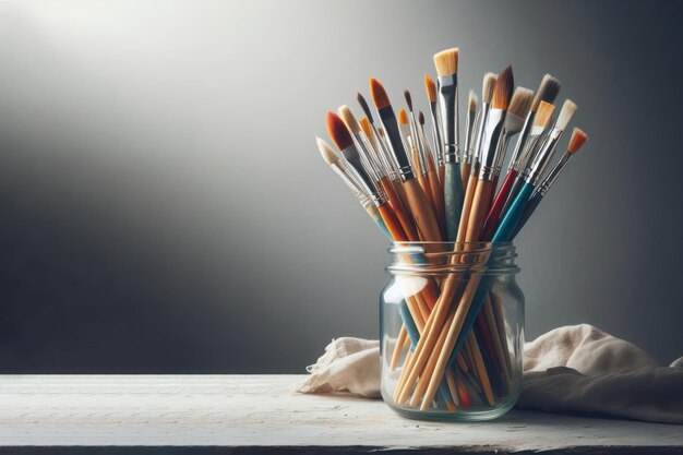 Paint brushes lying in a glass jar Space for text