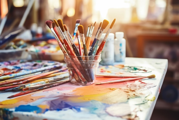 Photo paint brushes and paints on a table in the artist's studio