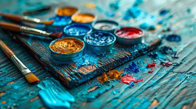 Paint brushes and palette with blue and yellow paint on wooden surface