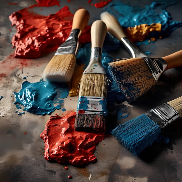 Paint brushes with a blue paint brush and a white cat on the right.