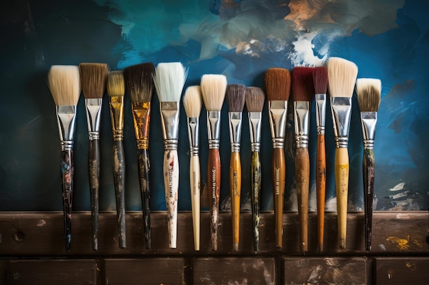 Paint brushes on a wooden shelf in an artist's studio Artists corner assorted dirty painting brushes AI Generated