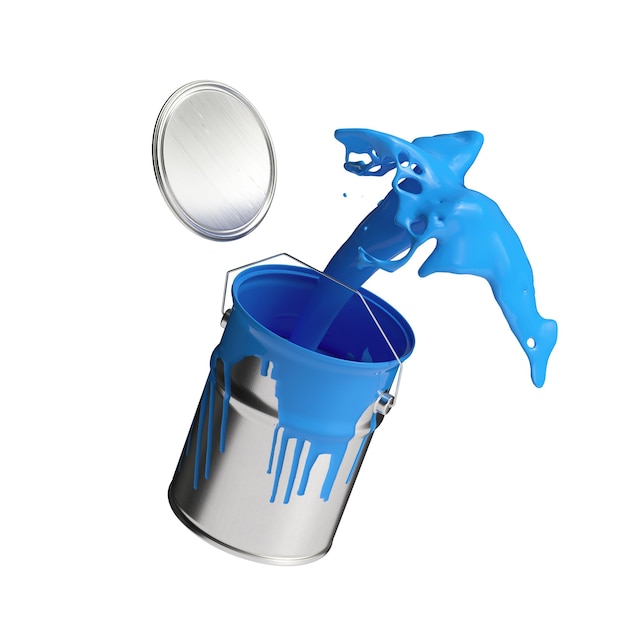 Paint can splashing blue bright color isolated on white background