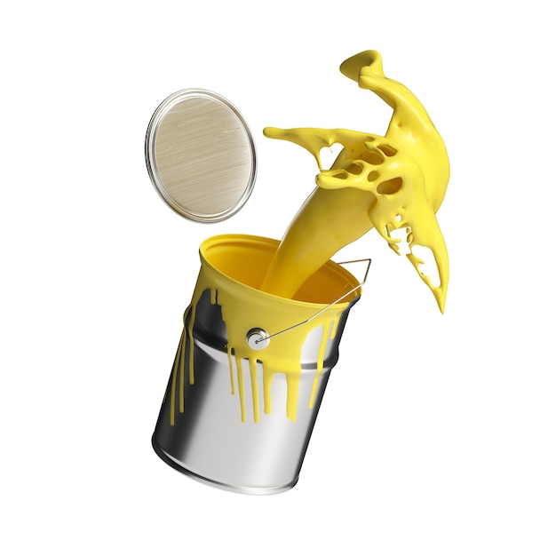 Paint can splashing yellow bright color isolated on white background