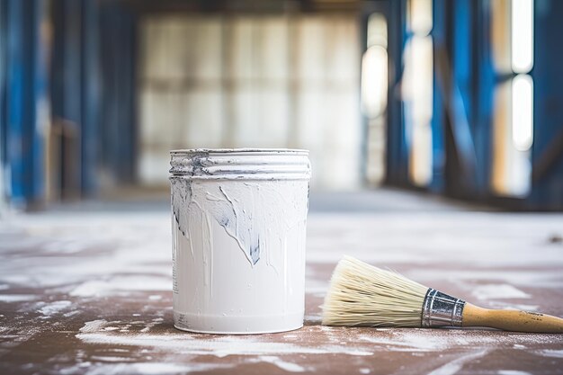 Paint can with paint brush in front of a blue background