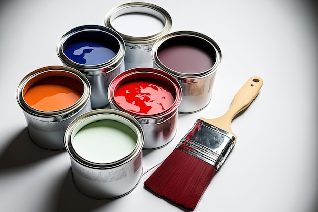 Paint cans and brushes in a set on a white background