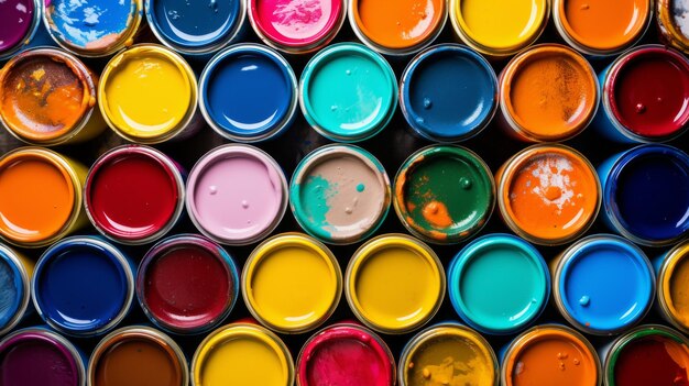 paint cans of different colors as seen from above