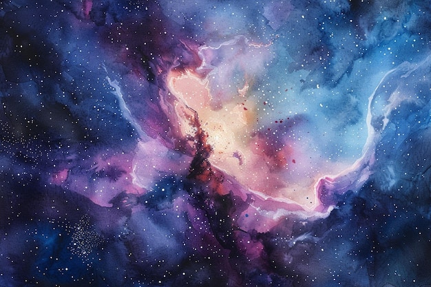 Paint a cosmic landscape with watercolors depictin generative ai
