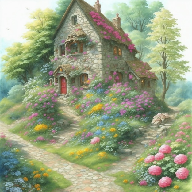 Paint a delightful watercolour scene of a stone cottage