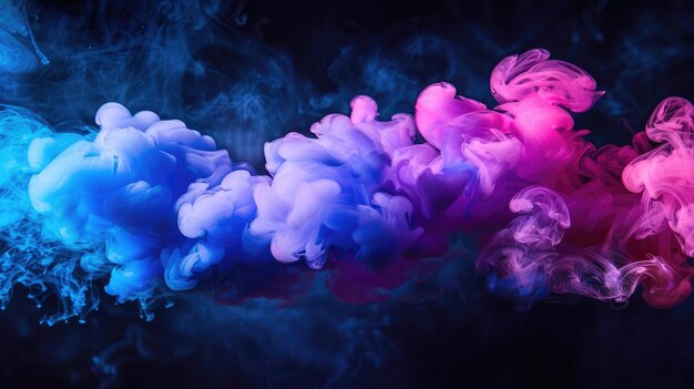 油墨が水に落ちる 動きの色 爆発の煙 青いピンクの色 液体のスプラッシュ 蒸気の雲が輝く 塵の質感 黒の抽象芸術の背景
