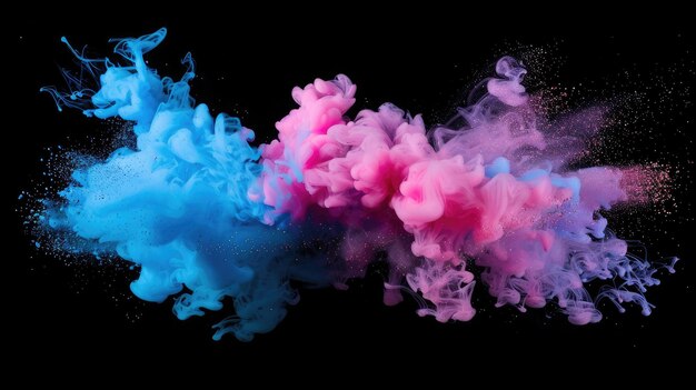 Paint Ink drop in water Motion color explosion smoke Blue pink color fluid splash vapor cloud on glitter dust texture black abstract art background