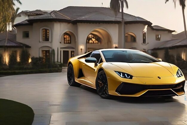 Paint me a picture with a huge house on the driveway of the house lamborghini should stand