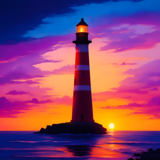 Photo paint nite sunset lighthouse silhouette realistic painting of a solitary lighthouse silhouetted