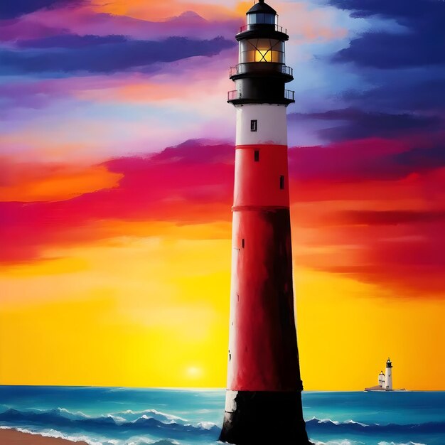 Paint Nite Sunset Lighthouse Silhouette Realistisch schilderij van een eenzame vuurtoren in silhouet