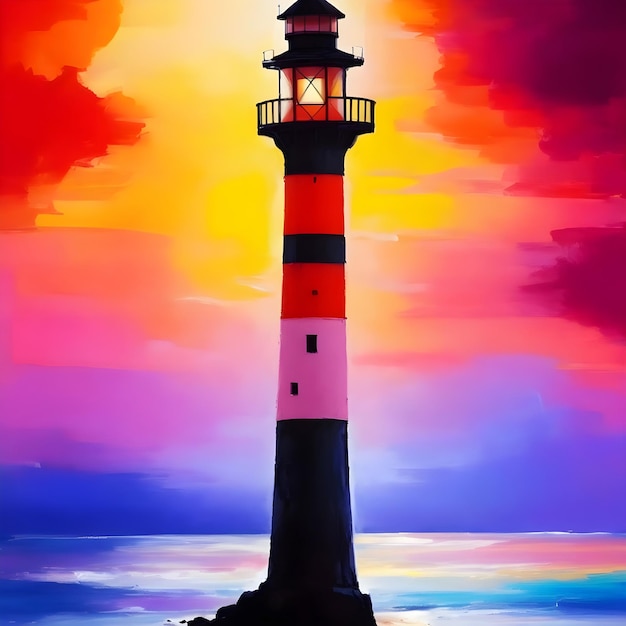 Paint Nite Sunset Lighthouse Silhouette Realistisch schilderij van een eenzame vuurtoren in silhouet