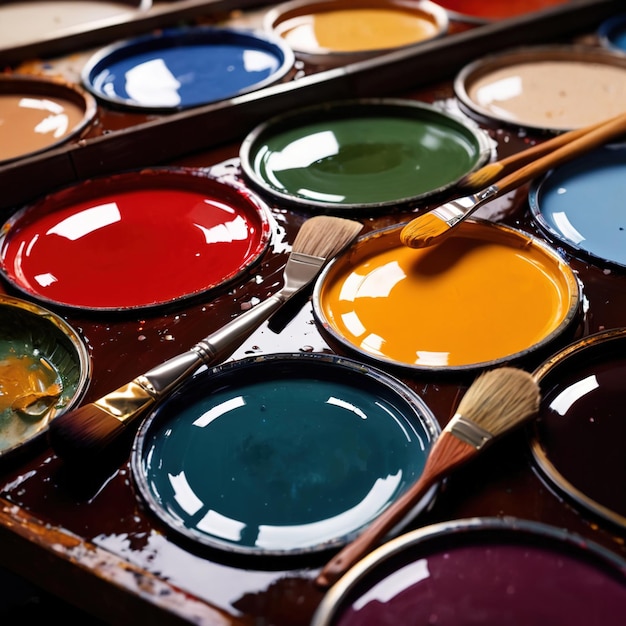 Foto palette di vernici che mostra la varietà e l'assortimento di colori per l'arte