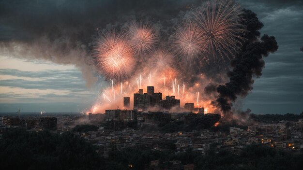 Photo paint a picture of a forgotten city where automated fireworks continue to light up the sky long afte