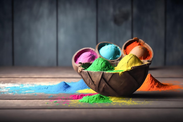 Paint powder in a basket on a wooden background Holi holiday