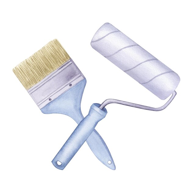 Paint roller and bristles brush blue handle repair tool Decorating interior repainting walls