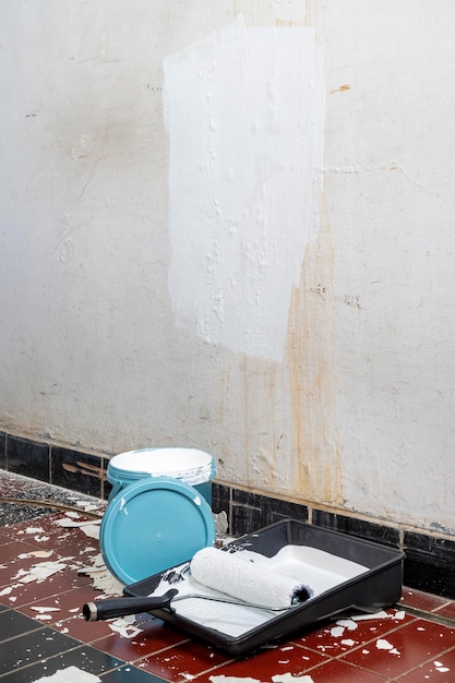 The paint roller brush on the tray with paint can